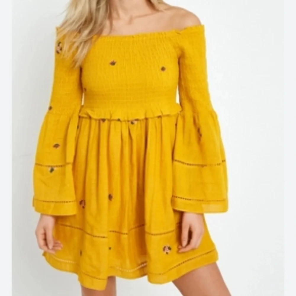 Free People Yellow Bell Sleeve Off Shoulder Mini Dress Womens Size Small - Picture 1 of 10
